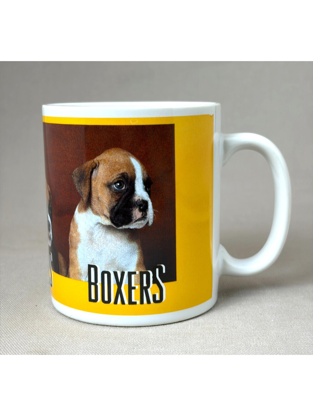 Vintage 1997 Andrews and McMeel Boxers Coffee Mug Dog Puppy Photo Ceramic Cup
